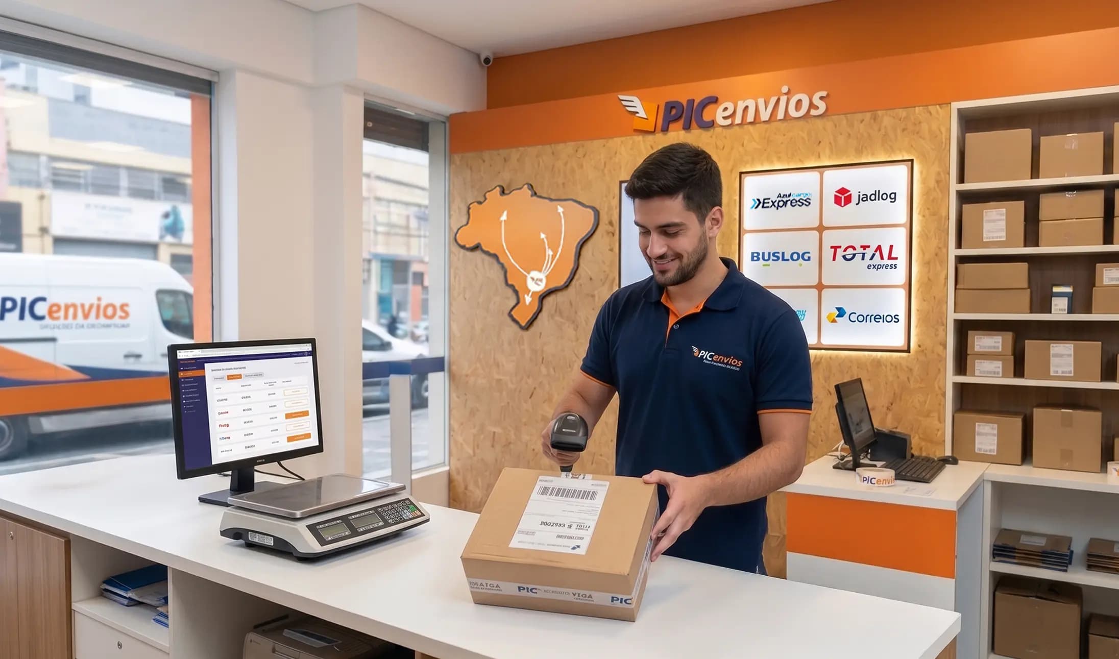 Entregador da Pic Envios utilizando coletor em centro logístico
