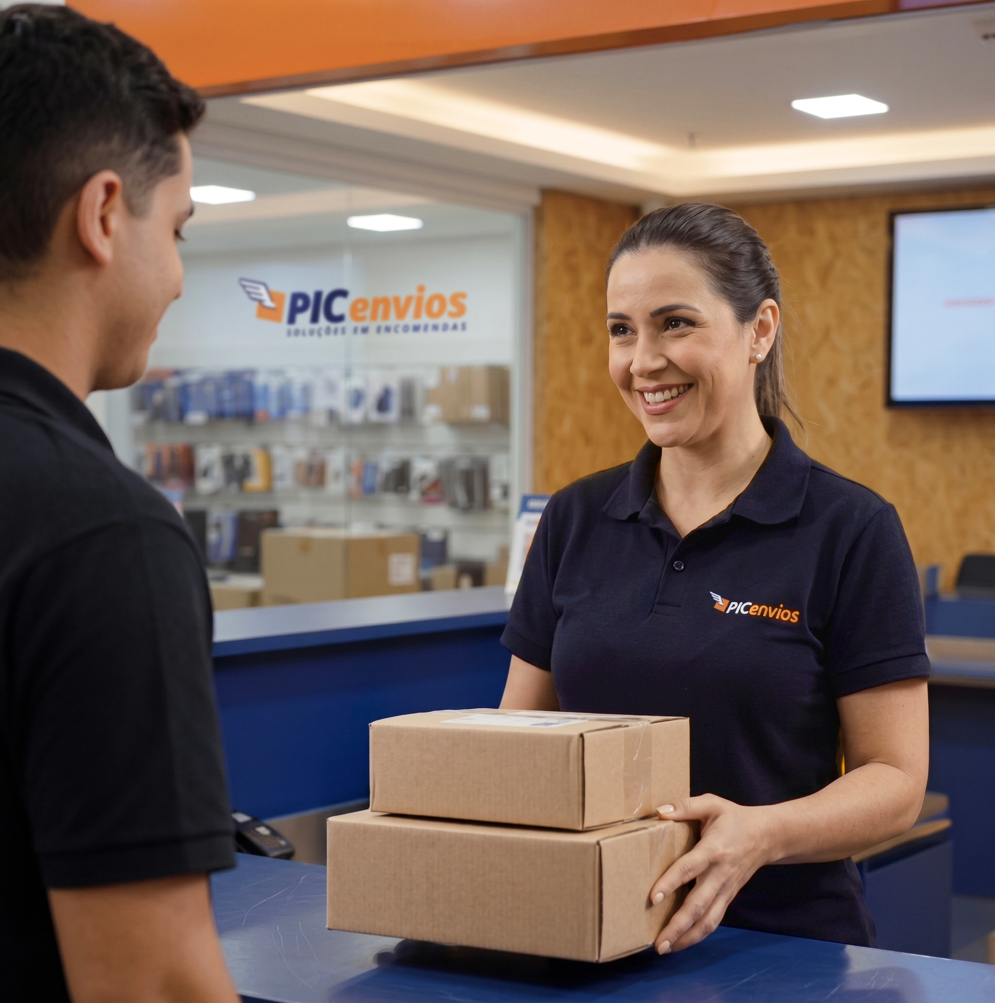 Mulher feliz com a chegada de uma encomenda